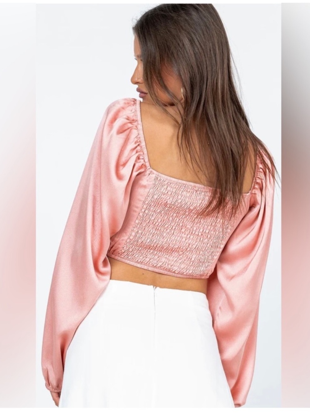 Princess Polly Rose Satin Tie-Front Long Sleeve Crop Top - Picture 3 of 6